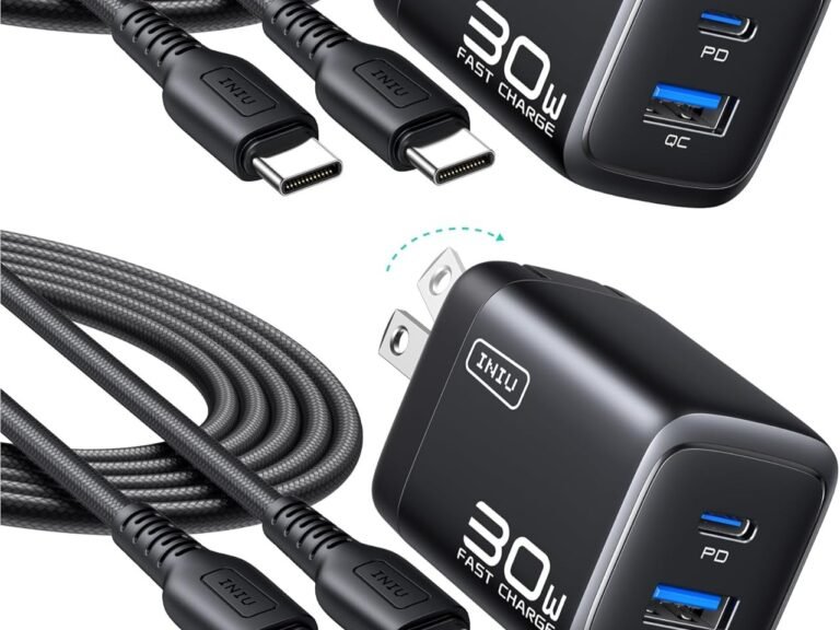 INIU 30W dual-port fast chargers for iPhone and Android devices, featuring two cables and compact design, perfect for fast charging in the UK