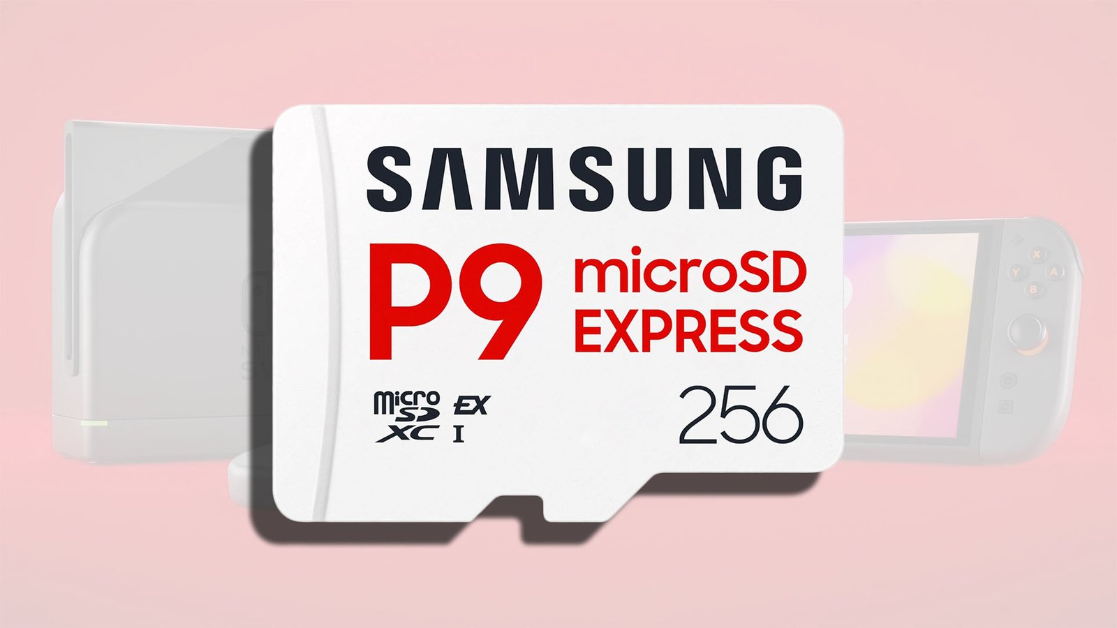 A close-up of the Samsung P9 Express microSD Express card, showcasing its sleek design and compact size, with a Nintendo Switch 2 console in the background, highlighting the primary keyword microSD Express and the UK gaming market
