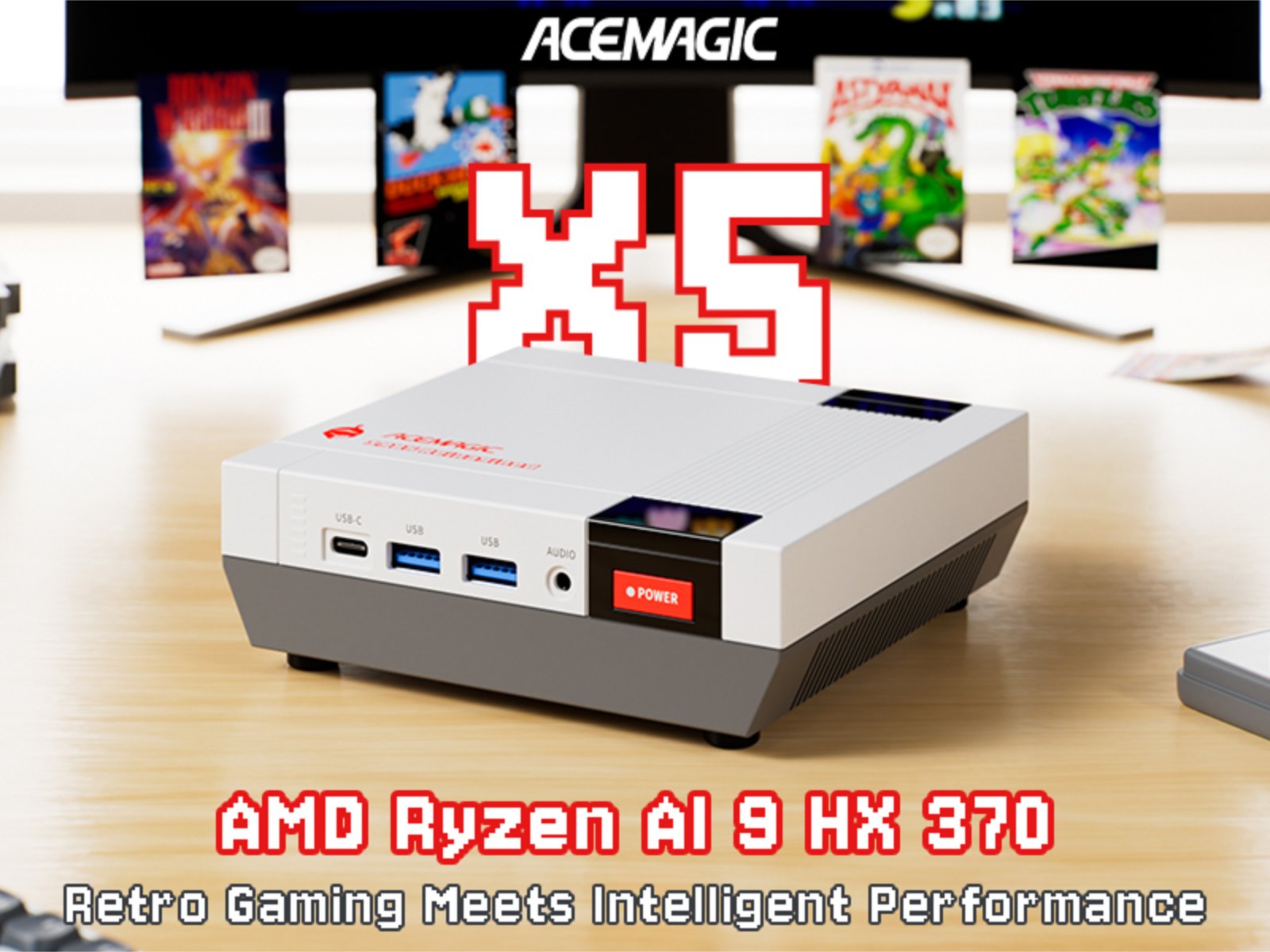The AceMagic Retro X5 mini-PC, featuring a powerful AMD Ryzen AI 9 HX 370 APU, Radeon 890M iGPU, and 32 GB of DDR5 RAM, with a unique retro-inspired design and advanced USB4 connectivity, perfect for gaming and multitasking in the UK