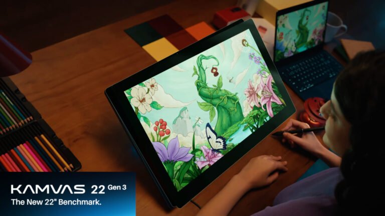 Huion Kamvas 22 Gen 3 pen display with RGB ambient lighting, perfect for digital artists and designers in the UK, offering precise colour representation and a seamless user experience