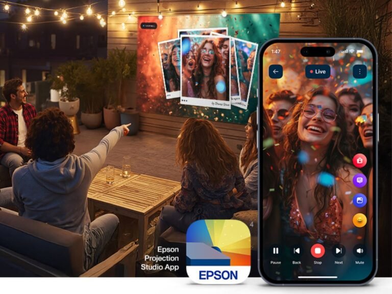 Epson's Projection Studio app on a tablet, controlling a home theater projector in a living room, providing an interactive experience for UK users