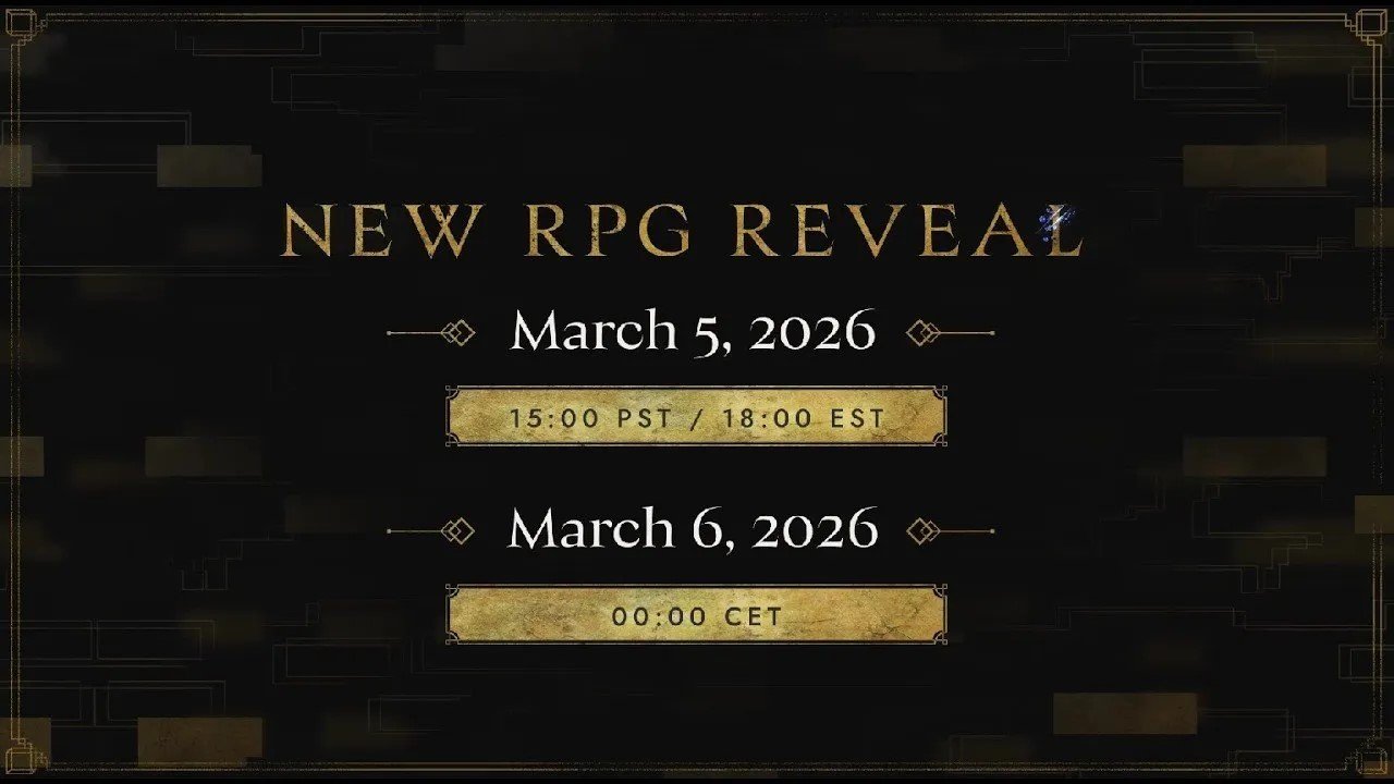 A serene forest with a tower in the distance, a character walking with a sword and shield on their back, with a gold text overlay reading 'New RPG reveal' in the foreground, set against a backdrop of trees and a sunset, with the ESRB rating visible in the top corner, hinting at a new RPG game from Bandai Namco