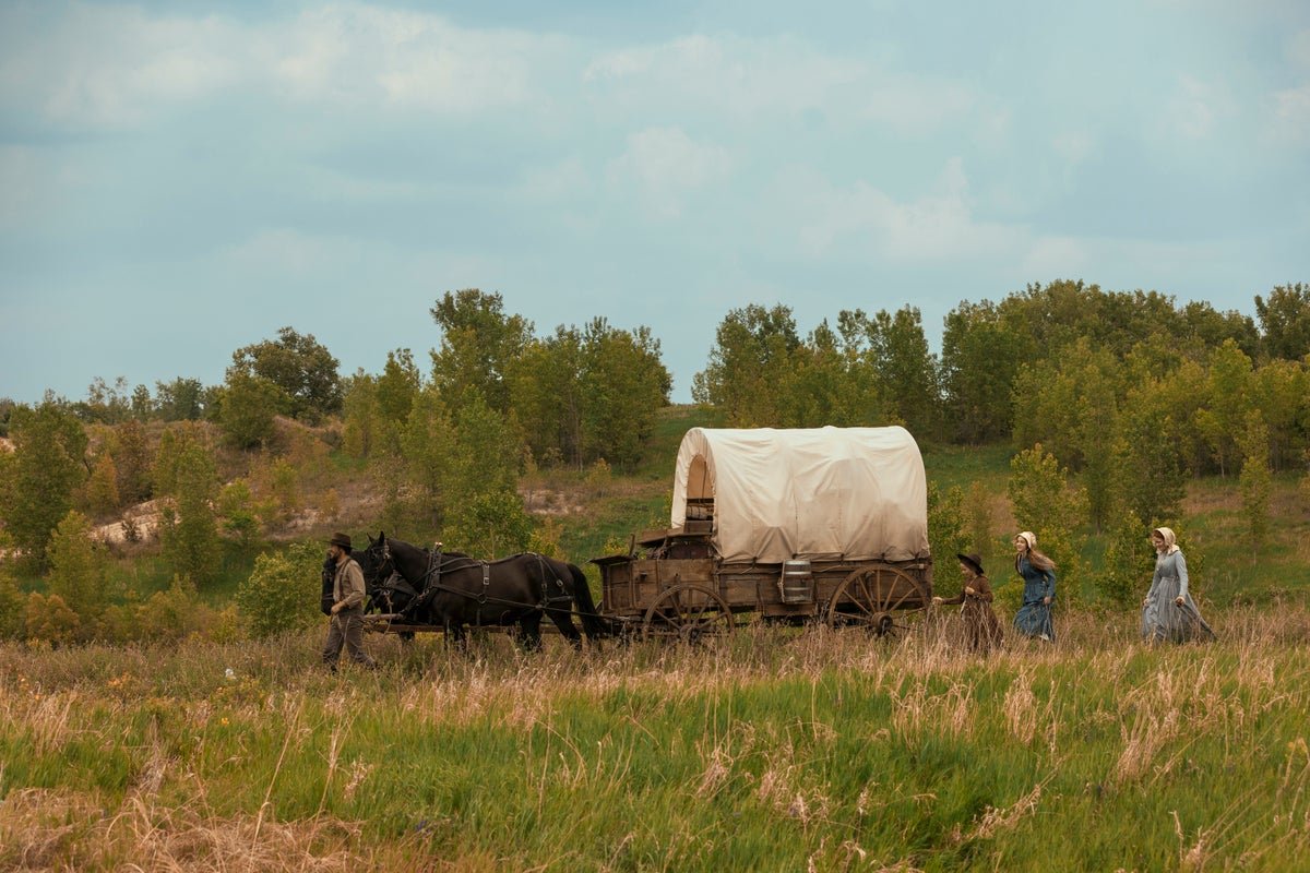 A descriptive image of the Little House on the Prairie cast, featuring the main characters and their horses, set against a beautiful backdrop of the American frontier, with the primary keyword Little House on the Prairie naturally included