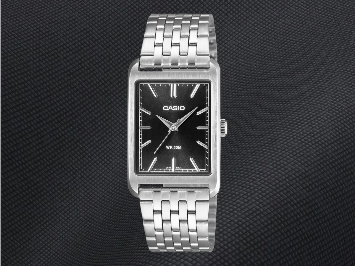 Casio MTP-B215 series metal watch with stainless steel case and leather strap, available in various dial colours, perfect for the UK watch enthusiast