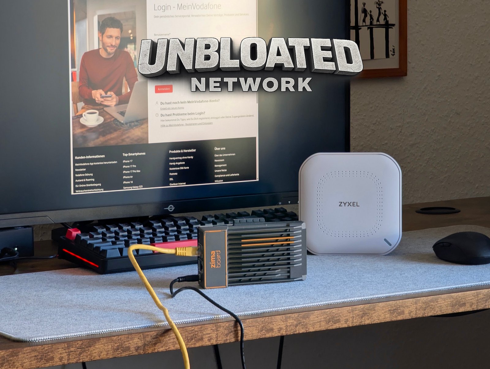 A person successfully enabling Vodafone bridge mode on their computer, with a router and modem in the background, representing a seamless UK network experience with customisable settings and improved performance