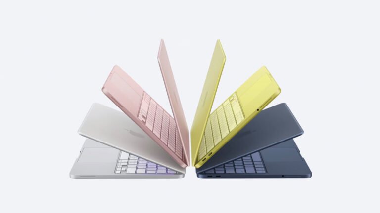 The new MacBook Neo in four colours, powered by the A18 Pro SoC, available in the UK market, featuring a stunning silver and vibrant pink colour option, perfect for those seeking a reliable and efficient device with a unique colour scheme