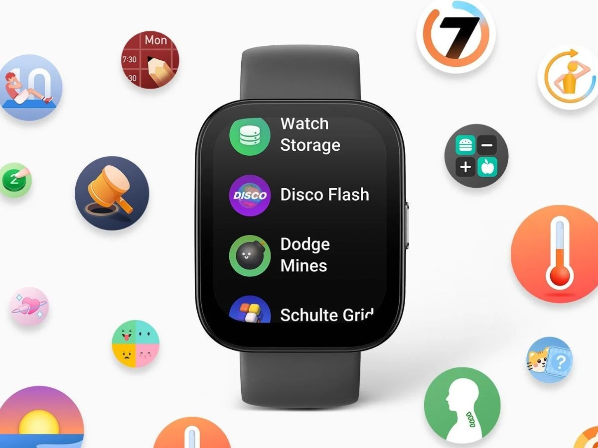Amazfit smartwatch with new Mini Apps, including a checklist tool, sound generator, and interactive alarm, on a wearer's wrist, showcasing the latest innovations in wearable technology in the UK