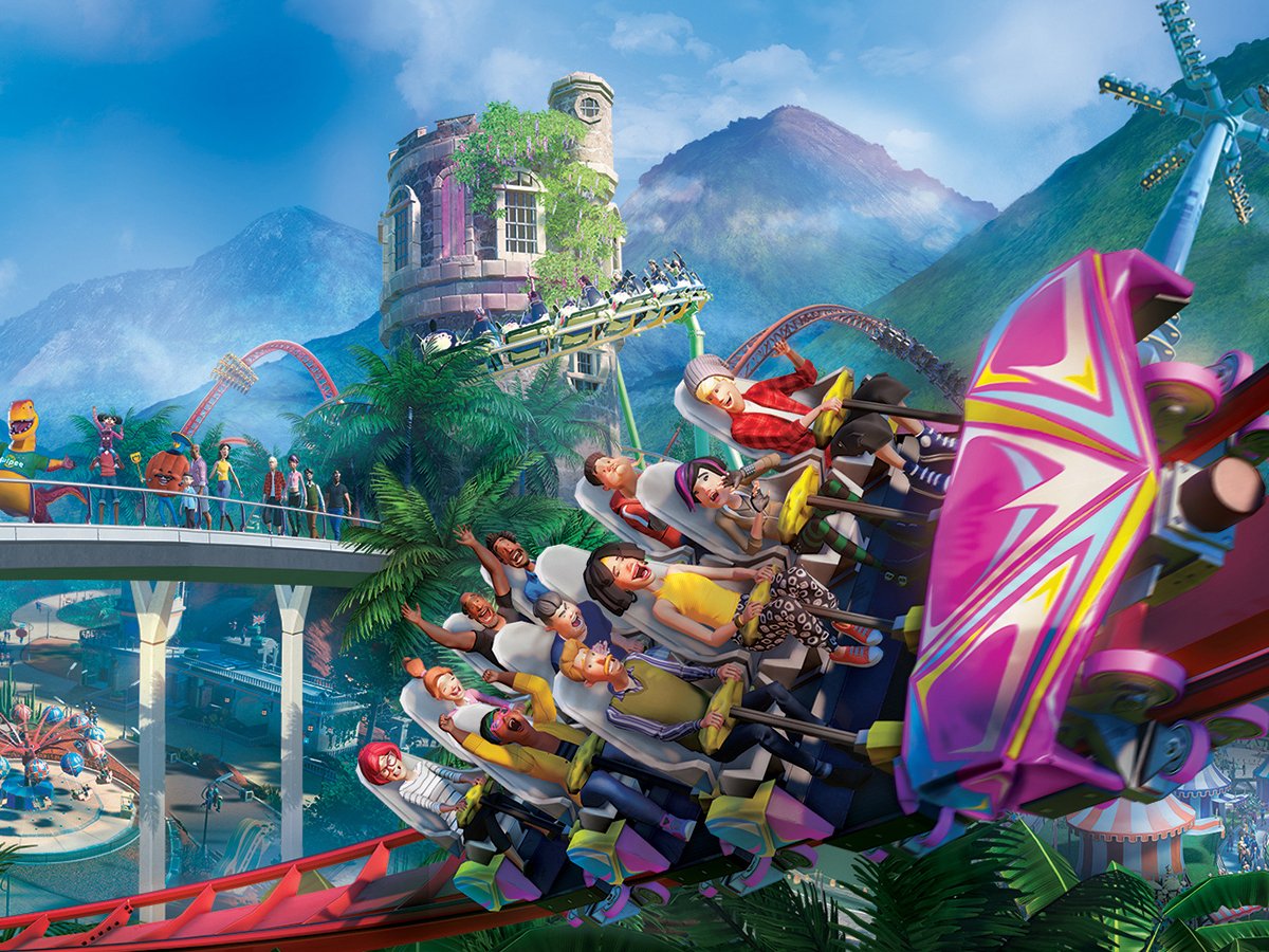 A screenshot of Planet Coaster, showing a vibrant and colourful theme park with rollercoasters and water rides. The game's graphics are realistic and immersive, making it a joy to play. With its engaging gameplay and realistic sound effects, Planet Coaster is a must-play for anyone who loves simulation games.
