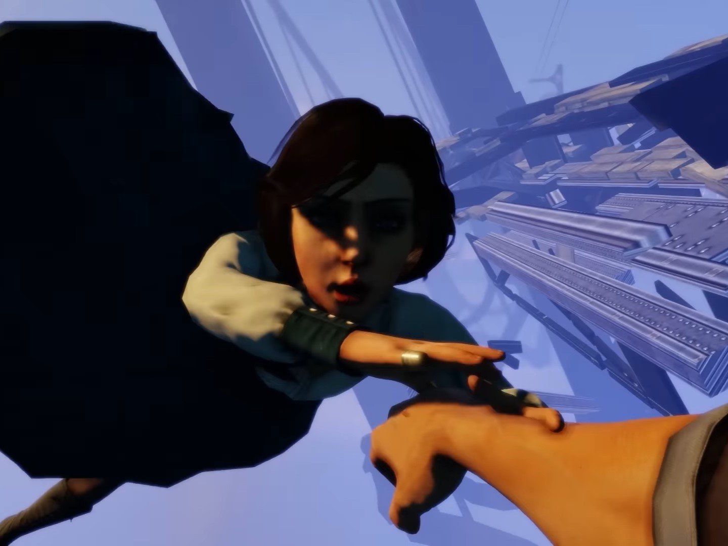 A futuristic cityscape with a mix of old and new architecture, featuring a prominent clock tower and a glimpse of the game's protagonist in the distance, set against a backdrop of a UK city