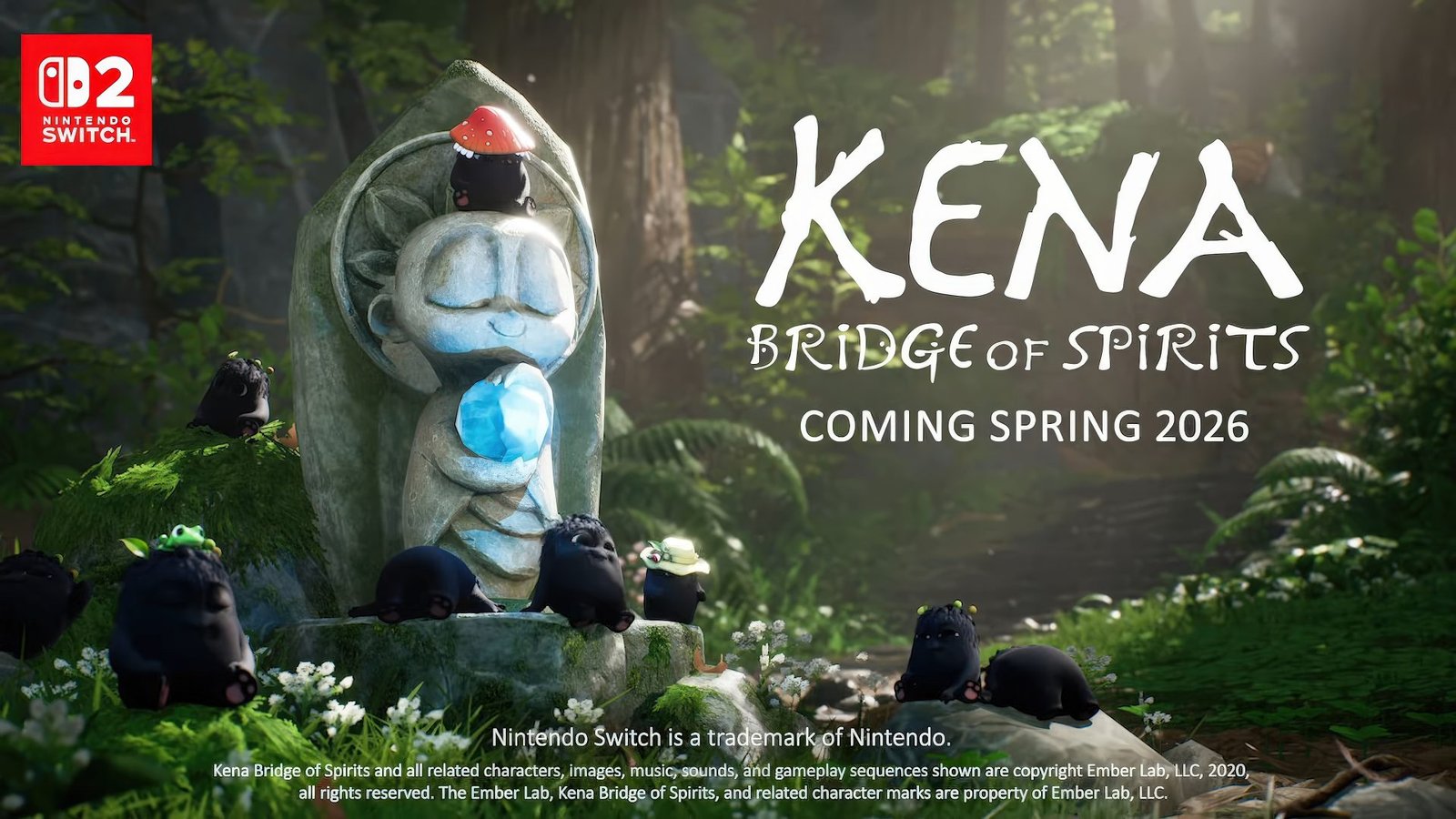 Kena: Bridge of Spirits featured image, showing the game's beautiful colour palette and intricate details, with a glimpse of the Nintendo Switch 2 console in the background, highlighting the game's upcoming launch in the UK