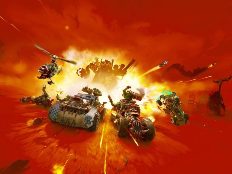 Warhammer 40,000 Speed Freeks featured image, showcasing a colourful and action-packed racing scene with vehicles and characters from the Warhammer 40,000 universe, set amidst a backdrop of twisted metal and destruction, highlighting the game's unique blend of racing and combat