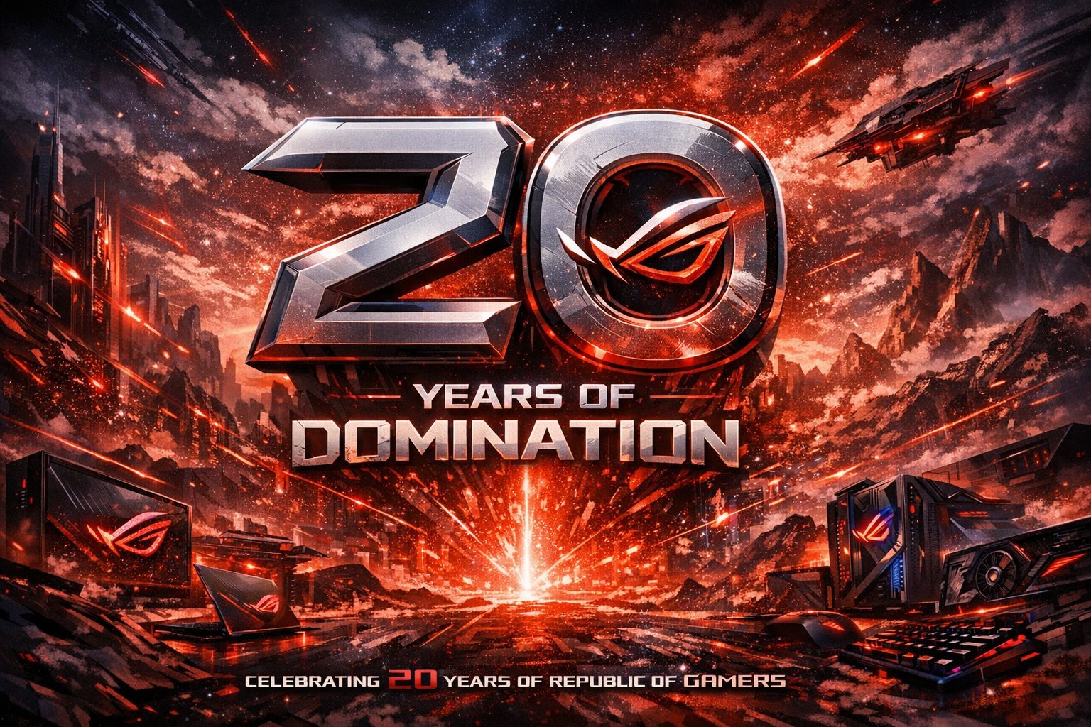 Asus ROG 20th anniversary celebration with a range of gaming peripherals and prizes, including the ROG Raikiri II Xbox controller and the ROG Ally X gaming handheld, in the UK