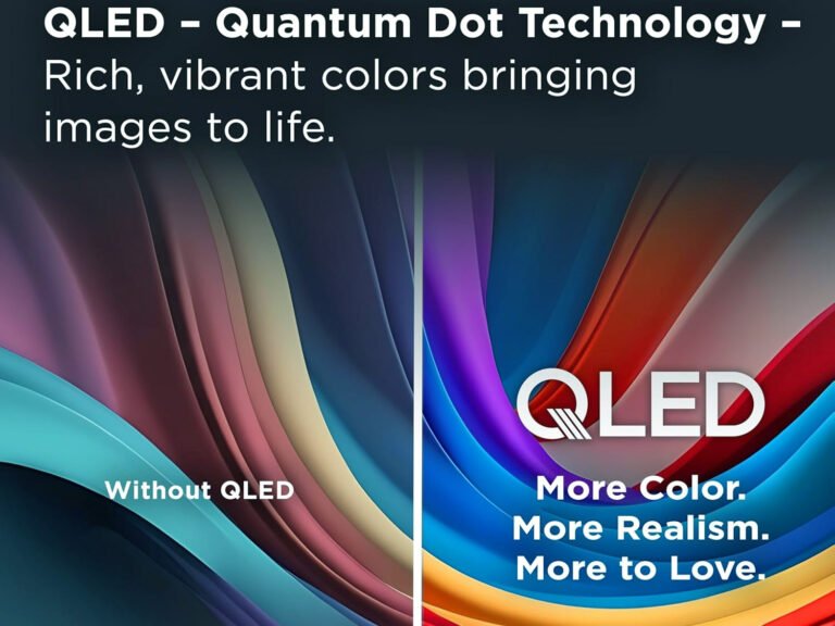 A close-up of a QLED TV screen displaying a vibrant and colourful image, with a description of the primary keyword 'QLED TV' and the UK market