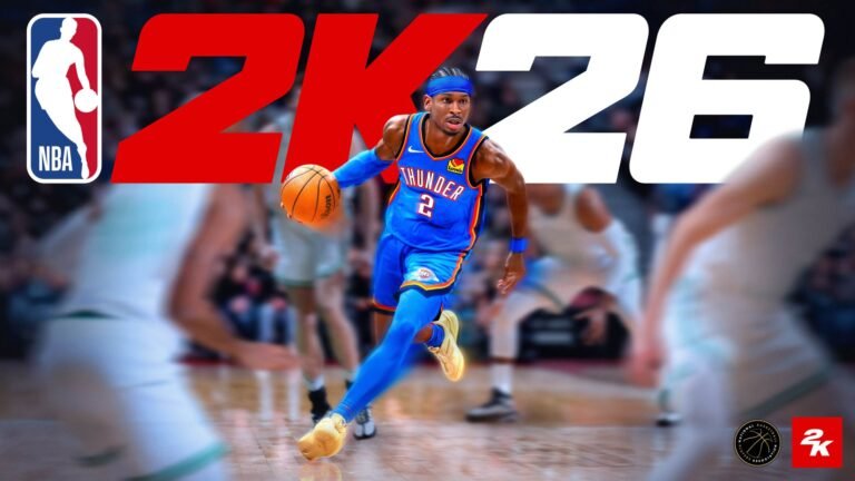 A screenshot of NBA 2K26 gameplay on a PS5 console, with a basketball player in action, highlighting the game's cutting-edge graphics and immersive gameplay, available to GTA+ subscribers in the UK