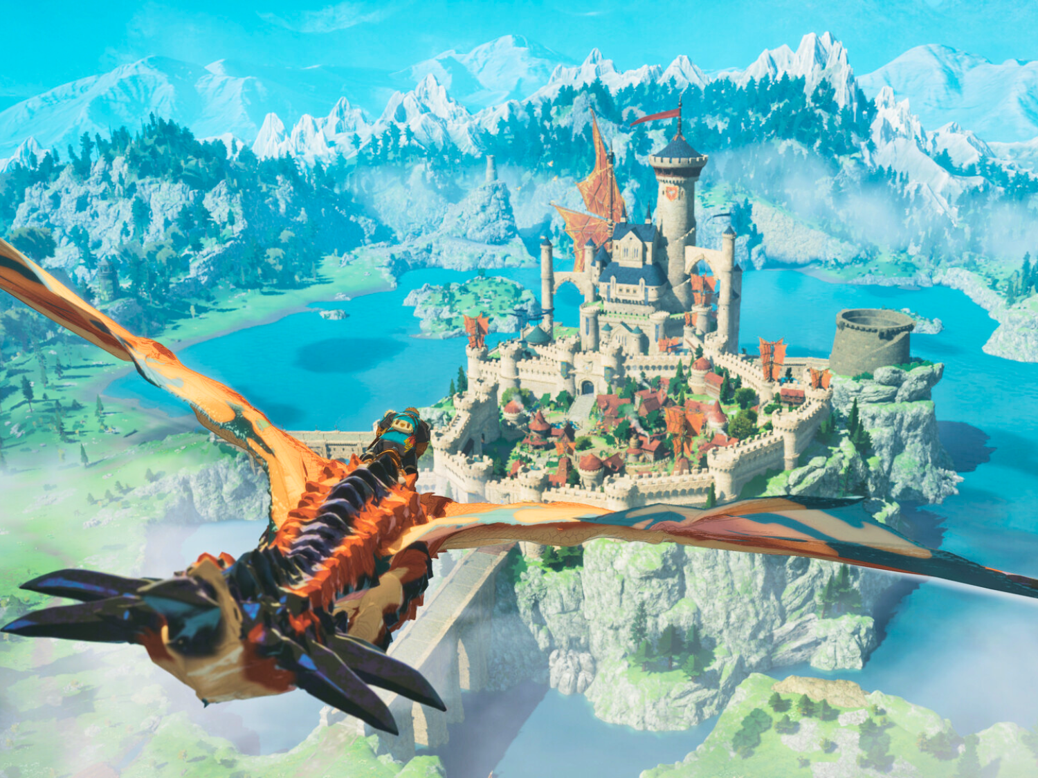 Monster Hunter Stories 3 featured image, showing a group of characters battling a large monster in a colourful environment, with the UK flag visible in the background, highlighting the game's availability in the UK