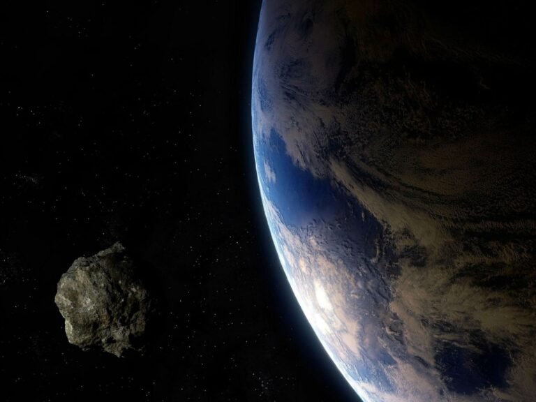 Asteroid 2024 YR4 safely passing the Moon in 2032, as observed by the James Webb Space Telescope, with the Earth and UK space experts in the background, analysing the asteroid's trajectory and behaviour, with a focus on the asteroid's colour and composition, and the UK's involvement in international space research collaborations