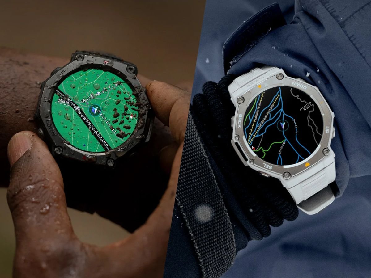 Amazfit T-Rex 3 smartwatch with a route planning tool on the screen, perfect for hiking and cycling in the UK countryside