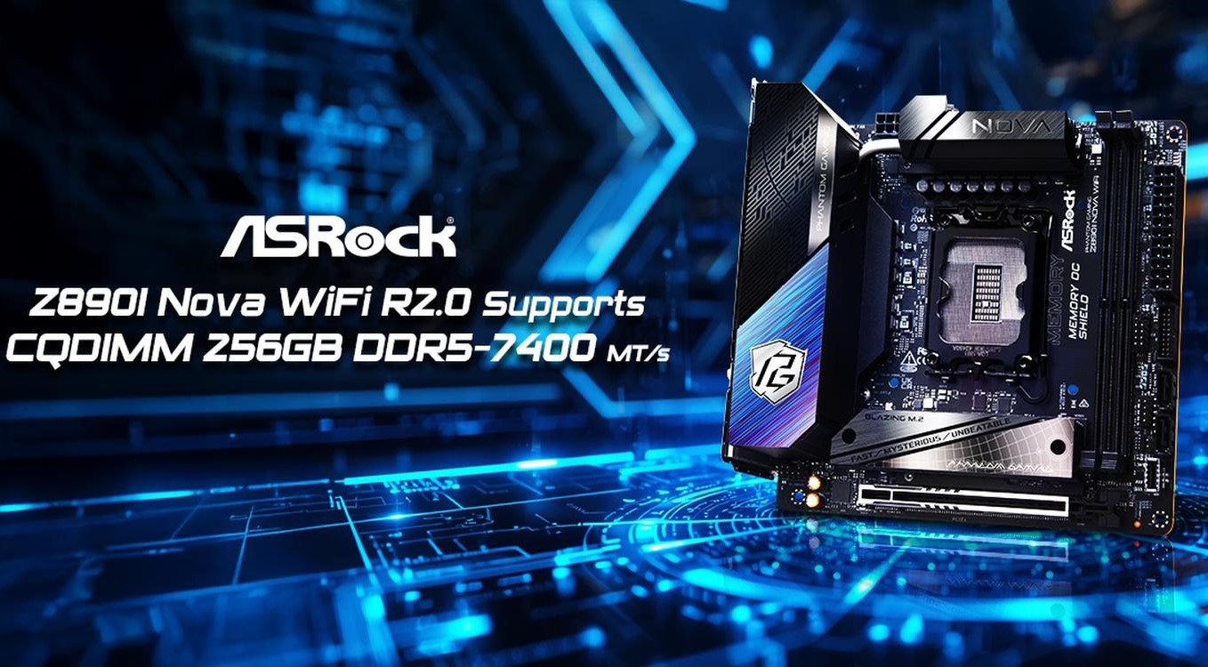 ASRock Z890I Nova WiFi motherboard with 256 GB CQDIMM DDR5 memory, demonstrating high memory speeds in the UK, with a focus on DDR5 technology