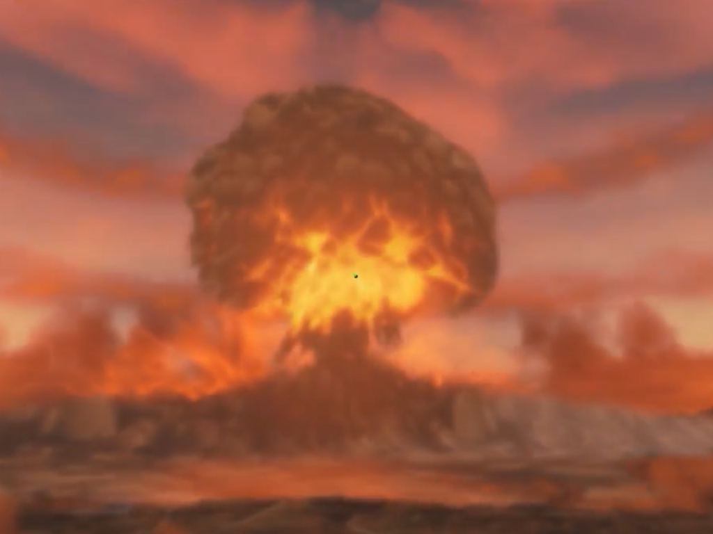 A screenshot of Fallout 4 on Xbox One, with a 'super-nuke' explosion in the background, showcasing the game's chaotic gameplay and the importance of human QA testing in the UK gaming industry, with a focus on the primary keyword 'QA testing'