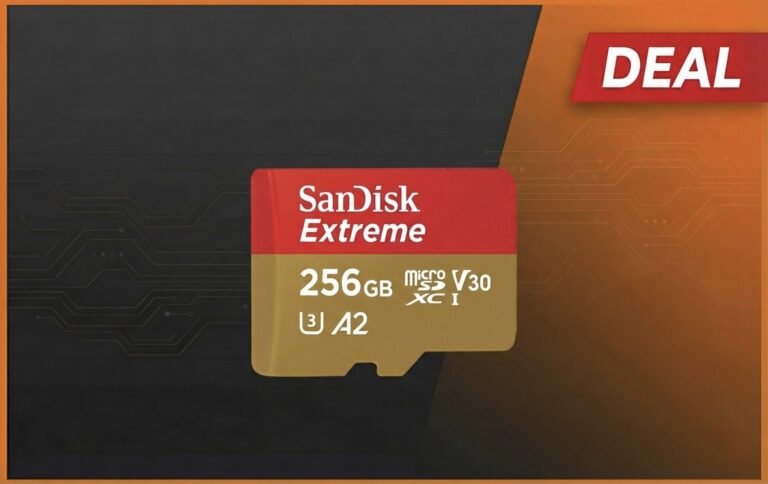 A close-up of the SanDisk 256GB Extreme microSD card, with a UK background, showcasing its compact design and high storage capacity, ideal for UK customers looking for reliable storage solutions