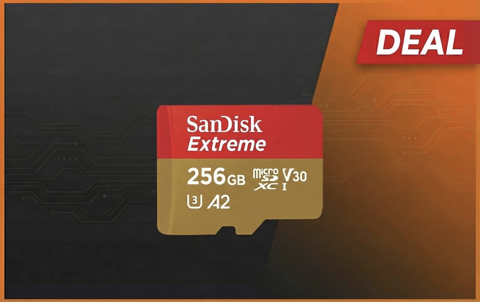 A close-up of the SanDisk 256GB Extreme microSD card, with a UK background, showcasing its compact design and high storage capacity, ideal for UK customers looking for reliable storage solutions