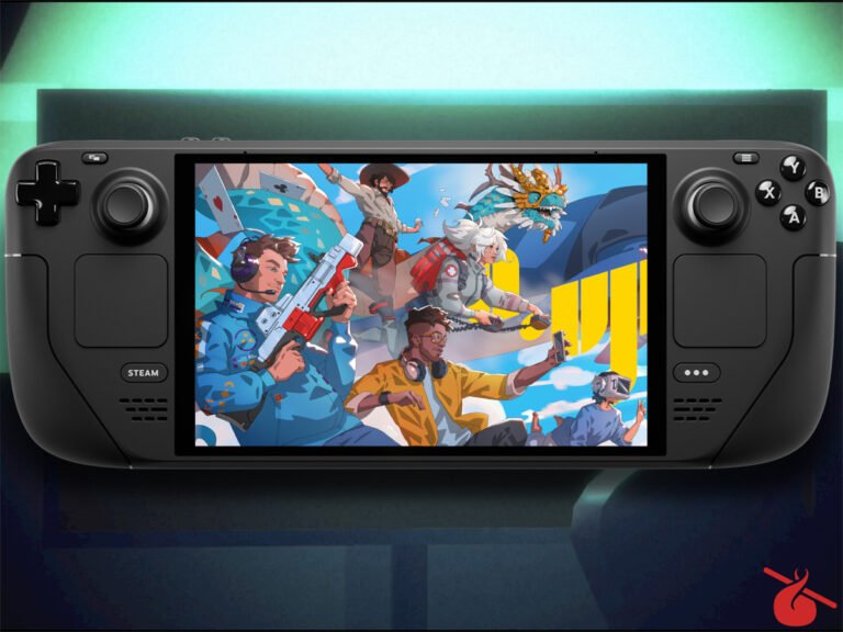 A featured image of the Steam Deck with a collection of indie games on the screen, including a puzzle game and an action-adventure game, with a UK cityscape in the background, showcasing the device's portability and versatility