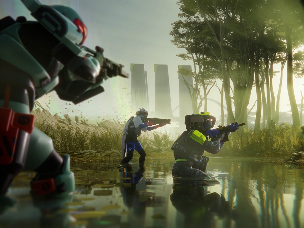 Marathon's extraction shooter gameplay in action, with a player navigating a colourful and detailed environment, surrounded by a range of shell-based classes and faction progression elements, showcasing the game's dense UI and immersive presentation, with a focus on the UK gaming community