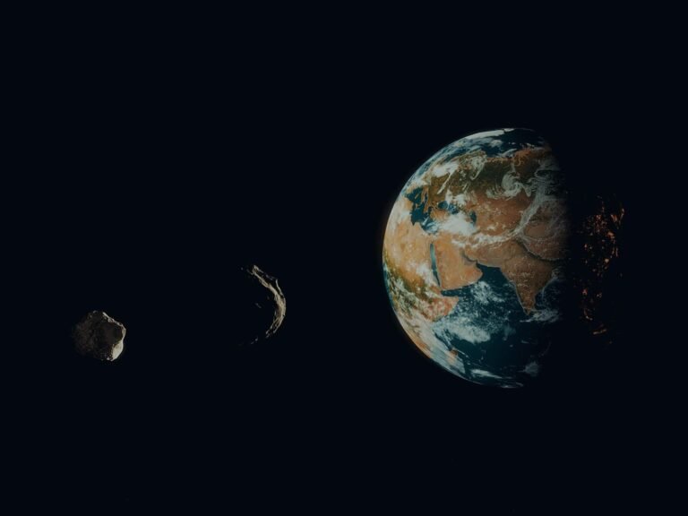 The DART probe's impact on Dimorphos, a massive asteroid, demonstrating the power of asteroid deflection and the UK's contributions to space exploration, with a vibrant colour scheme and detailed surface features