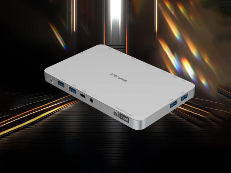A sleek, compact FEVM mini PC powered by Intel Panther Lake, featuring OCuLink and Thunderbolt 4 ports for high-speed data transfer and display connectivity, set against a backdrop of the UK's vibrant tech scene