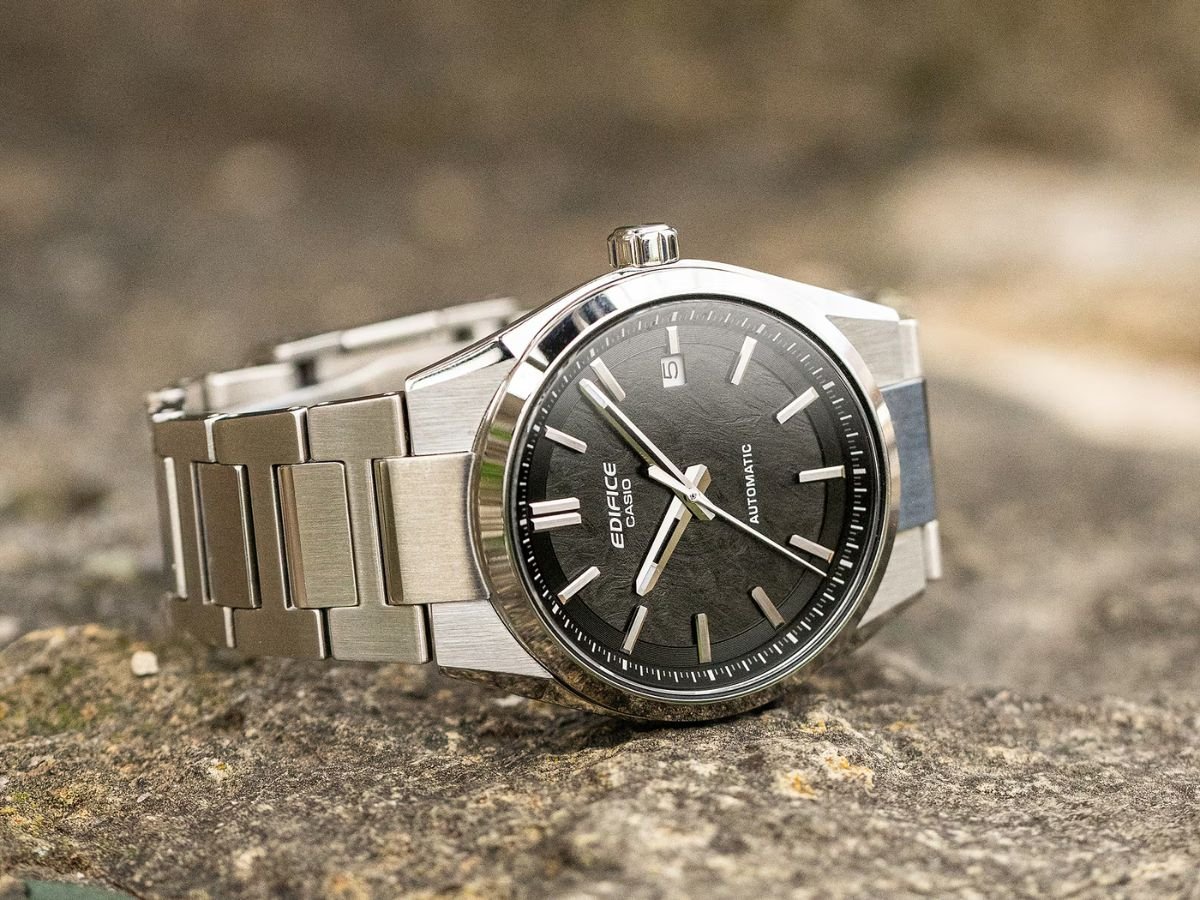 Casio Edifice mechanical watches with textured dial and metal casing, featuring automatic movement and transparent case back, perfect for watch enthusiasts in the UK