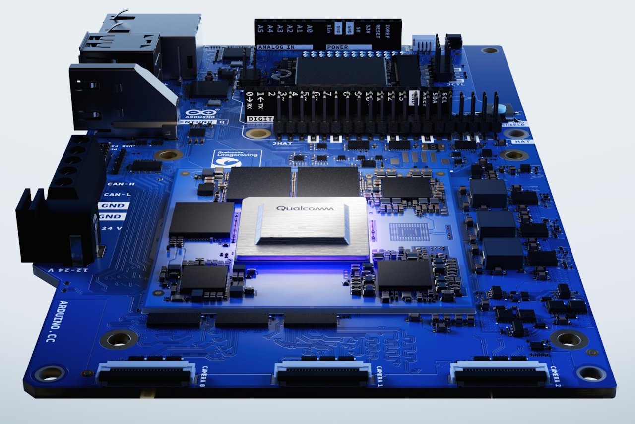 The Arduino Ventuno Q single-board computer, featuring a Dragonwing IQ8 SoC, 16 GB LPDDR5 RAM, and 64 GB eMMC, is designed for physical AI projects in the UK, such as robots and IoT devices, with its powerful specifications and real-time capabilities
