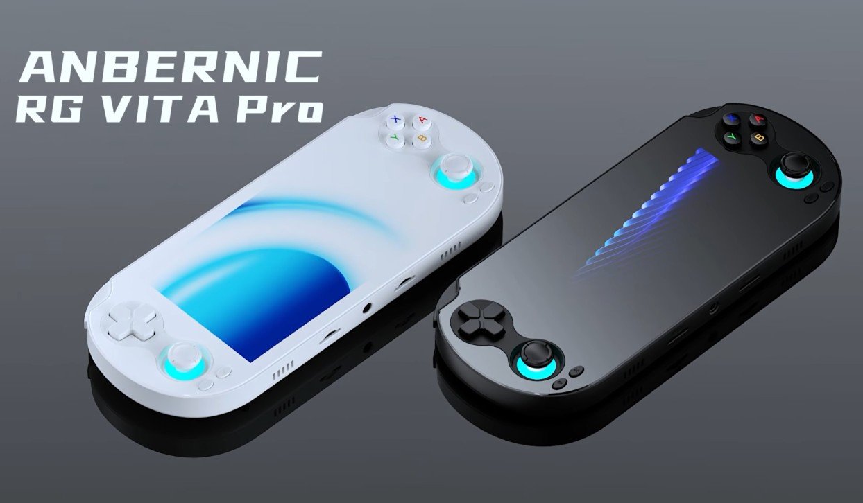 The Anbernic RG Vita Pro handheld console, featuring a high-resolution display and sleek design, perfect for gaming in the UK, with a range of colour options available, including black, white, and grey, allowing users to analyse and compare the different models
