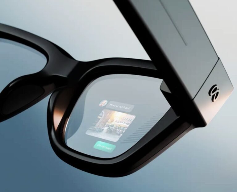 A person wearing Samsung's AI glasses, with a cityscape in the background, showcasing the device's camera and data processing capabilities, highlighting the primary keyword 'AI glasses' in a natural and descriptive way, with a focus on the UK market and innovative technology