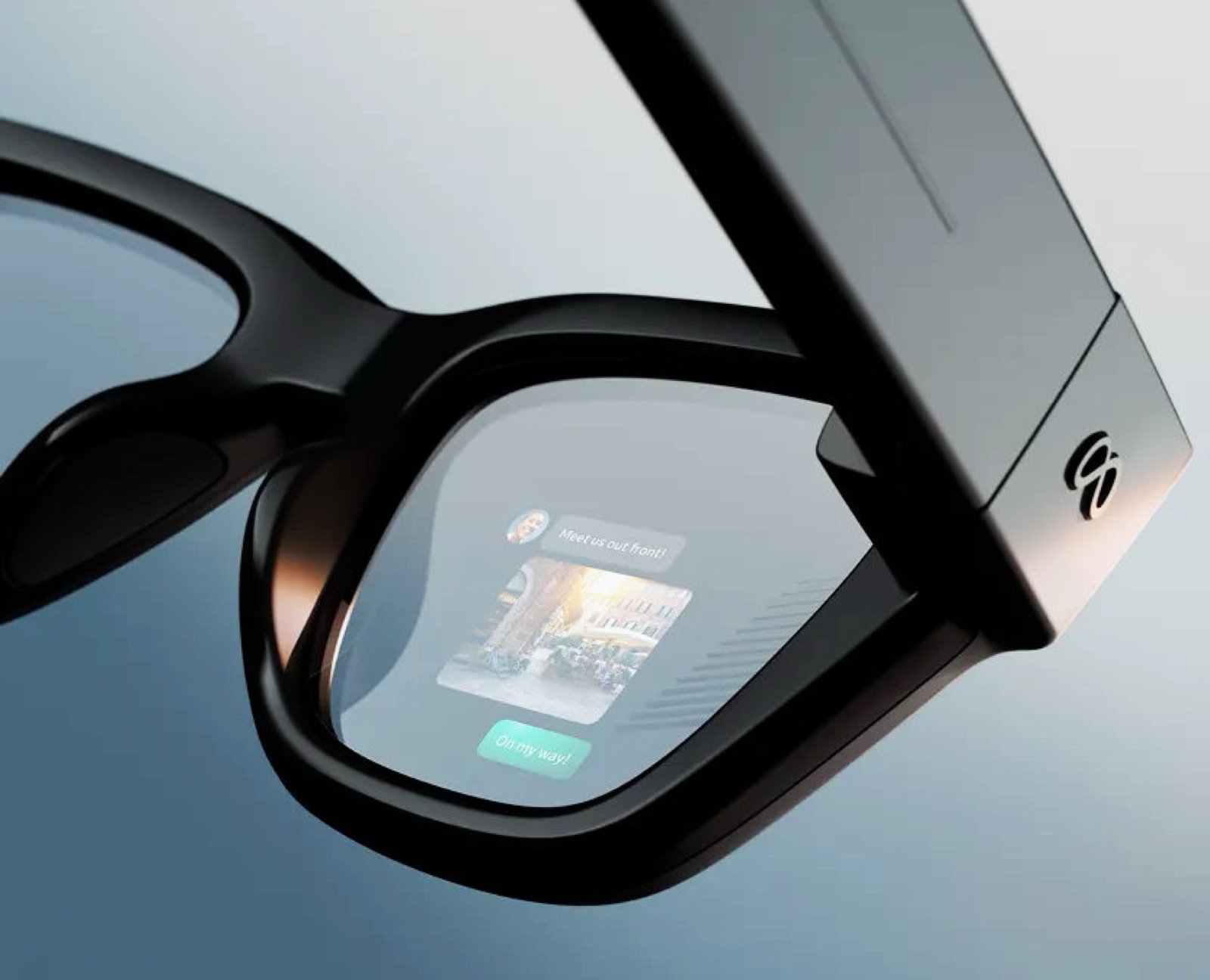 A person wearing Samsung's AI glasses, with a cityscape in the background, showcasing the device's camera and data processing capabilities, highlighting the primary keyword 'AI glasses' in a natural and descriptive way, with a focus on the UK market and innovative technology