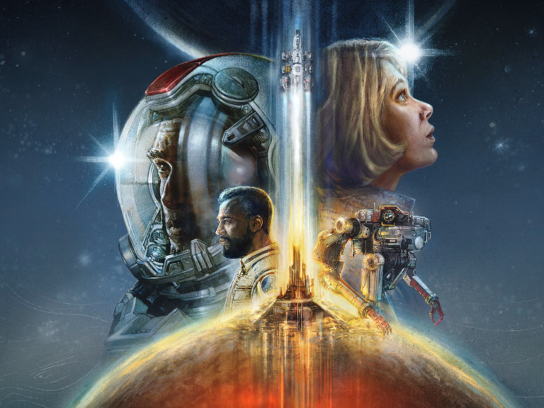 Starfield gameplay screenshot featuring a spaceship in the UK-themed environment, showcasing the game's colour and behaviour in action, as players analyse the scene