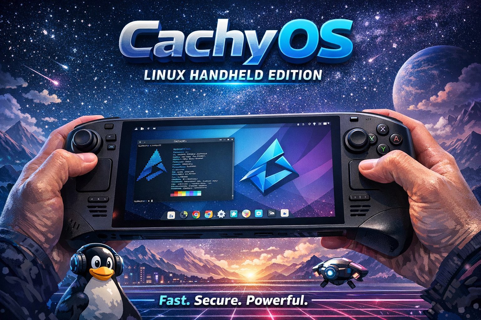 CachyOS 260308 featured image, showcasing the operating system's animated desktop previews and user-friendly interface, with a UK-themed background and colour scheme, highlighting the system's behaviour and overall user experience