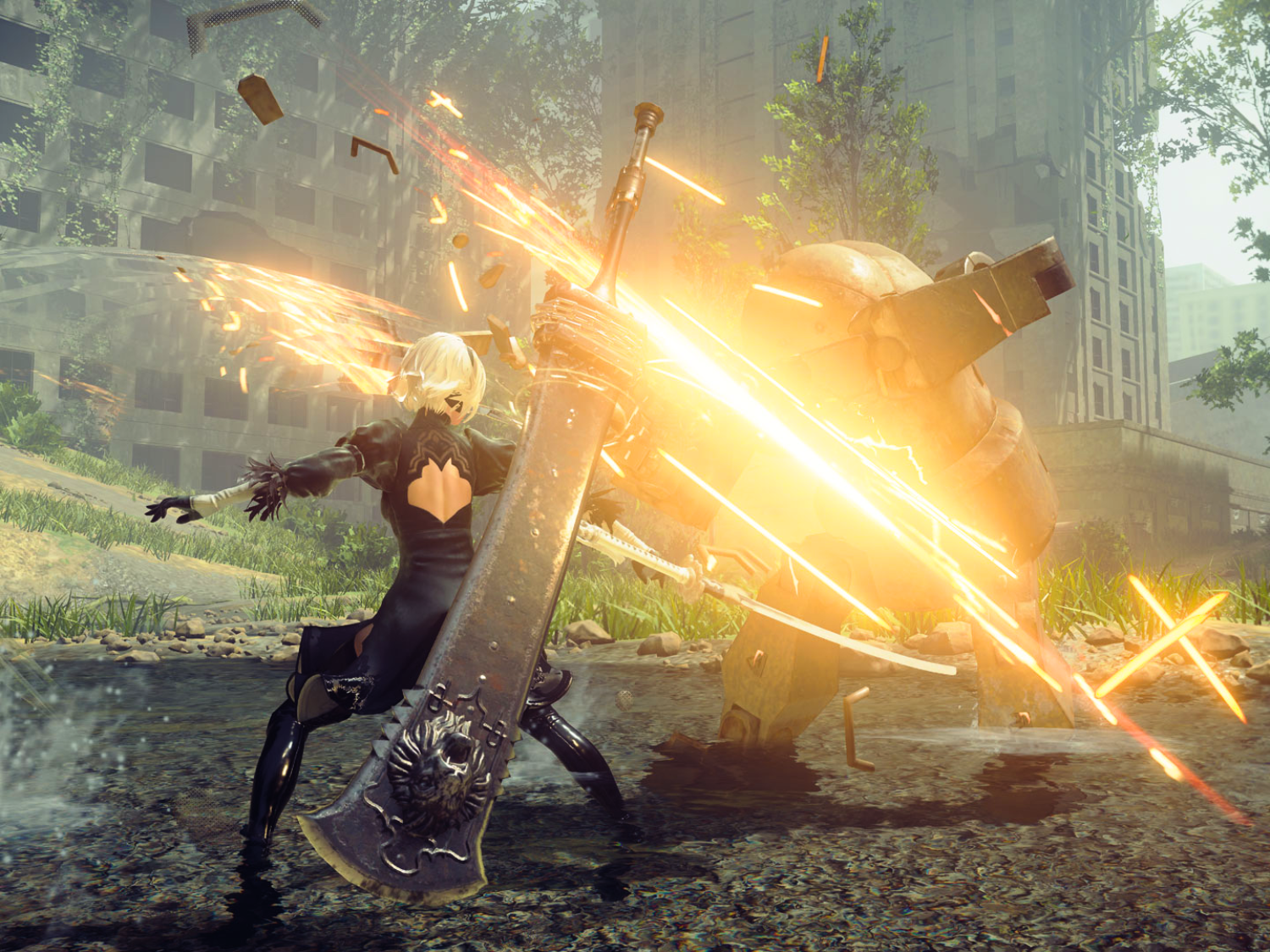 NieR Automata's protagonist, 2B, in action, set against a stunning backdrop, showcasing the game's beautiful colour palette and intricate details, available now on Steam with a 60% discount in the UK