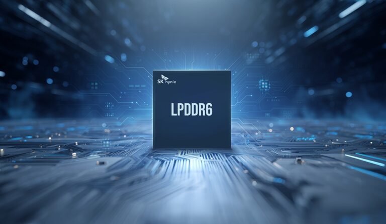 SK Hynix LPDDR6 memory chip with a cityscape in the background, representing the future of mobile technology and innovation in the UK, with a focus on LPDDR6