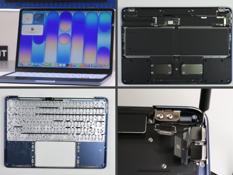 The MacBook Neo's internal components, including the screw-mounted battery and modular USB-C ports, are visible in this teardown image, highlighting the device's improved repairability and modular design, a significant advantage for UK users