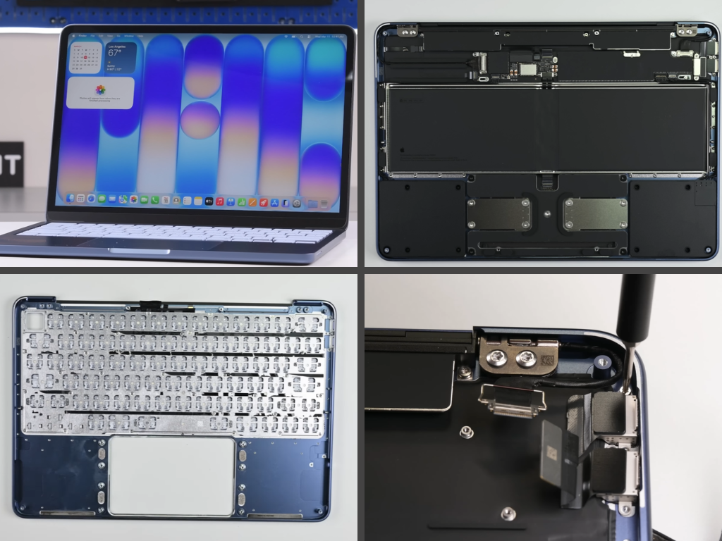 The MacBook Neo's internal components, including the screw-mounted battery and modular USB-C ports, are visible in this teardown image, highlighting the device's improved repairability and modular design, a significant advantage for UK users