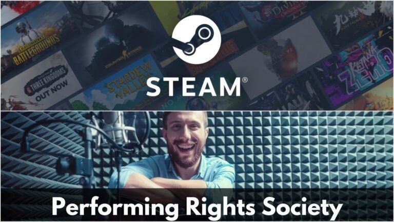 The Performing Rights Society logo, with a background image of a person playing a musical instrument, highlighting the importance of music licensing and royalty collection in the UK, with Valve facing a new lawsuit