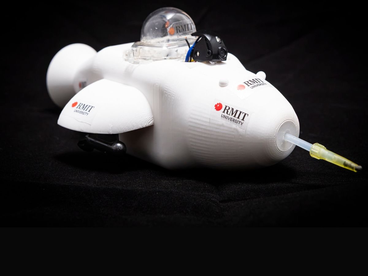 A robotic dolphin with a specialized, highly absorbent coating inspired by sea urchins, cleaning up an oil spill in the UK's marine ecosystem, highlighting the importance of eco-friendly technology in marine conservation