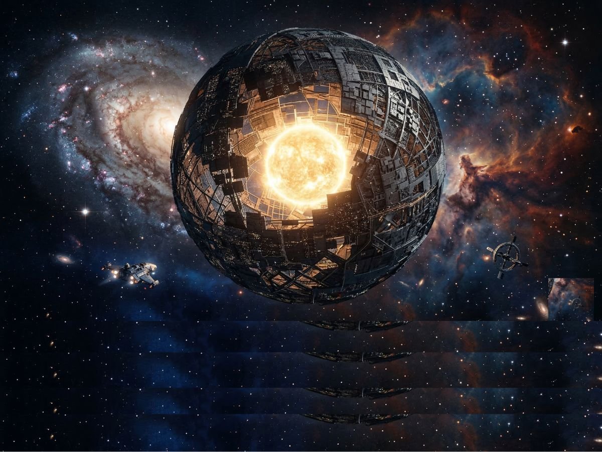 An artist's impression of a Dyson sphere, a hypothetical megastructure built around a star to capture its energy, with a UK-based astronomer in the foreground analysing the data, as the primary keyword alien structures is naturally included in the image