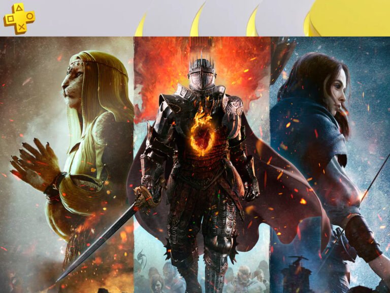 A collage of Dragon's Dogma 2 and Final Fantasy 16 gameplay, showcasing the exciting new additions to the PS Plus Extra catalogue in the UK, with a focus on the PS Plus service