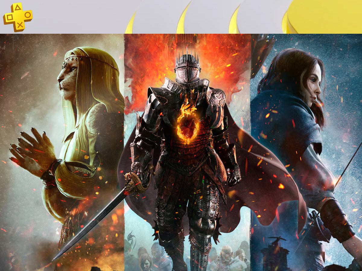 A collage of Dragon's Dogma 2 and Final Fantasy 16 gameplay, showcasing the exciting new additions to the PS Plus Extra catalogue in the UK, with a focus on the PS Plus service