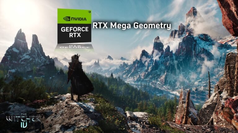 The Witcher 4 gameplay screenshot with NVIDIA RTX Mega Geometry technology, showcasing enhanced graphics and performance in the UK, with a dark fantasy world and complex characters, highlighting the power of RTX 50 GPUs and Blackwell architecture