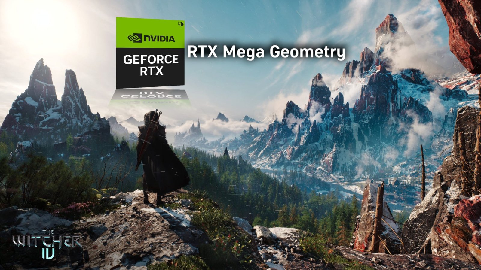 The Witcher 4 gameplay screenshot with NVIDIA RTX Mega Geometry technology, showcasing enhanced graphics and performance in the UK, with a dark fantasy world and complex characters, highlighting the power of RTX 50 GPUs and Blackwell architecture