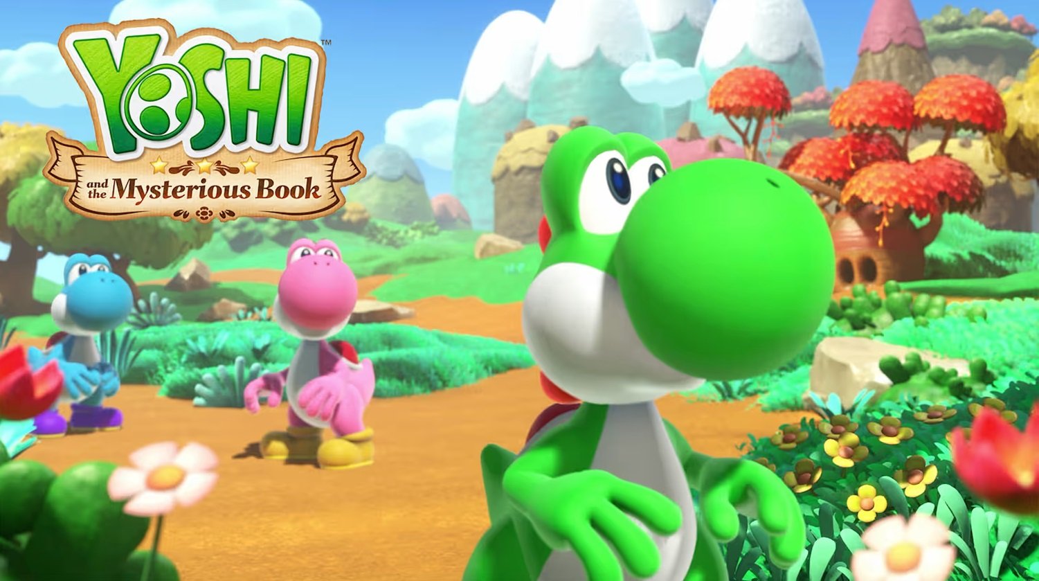 Yoshi standing in front of a mysterious book with a colourful background, symbolizing the game's unique blend of exploration and puzzle-solving on the Nintendo Switch 2