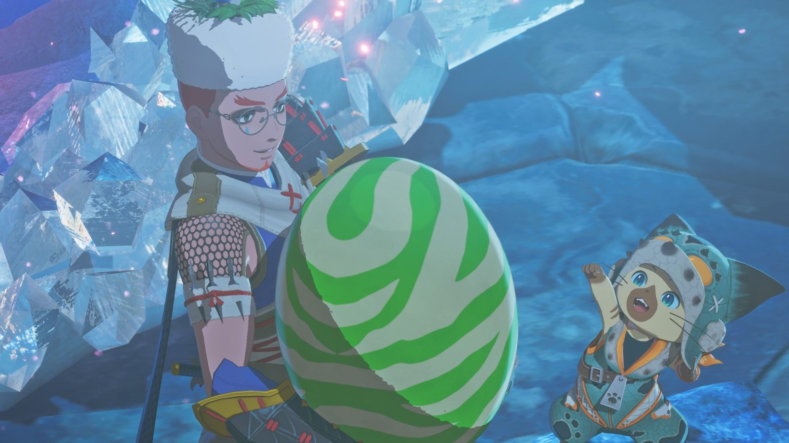 A descriptive image of Monster Hunter Stories 3 gameplay, showcasing the colourful environments and fascinating creatures, with a focus on conservation and ecology in the UK