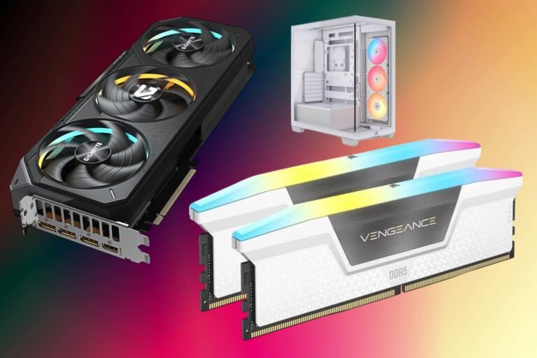 A featured image of the Gigabyte Gaming RTX 5070 GPU, 64 GB DDR5 RAM, and Corsair ARGB case, showcasing the colour and lighting of the gaming hardware bundle, including the primary keyword RTX 5070